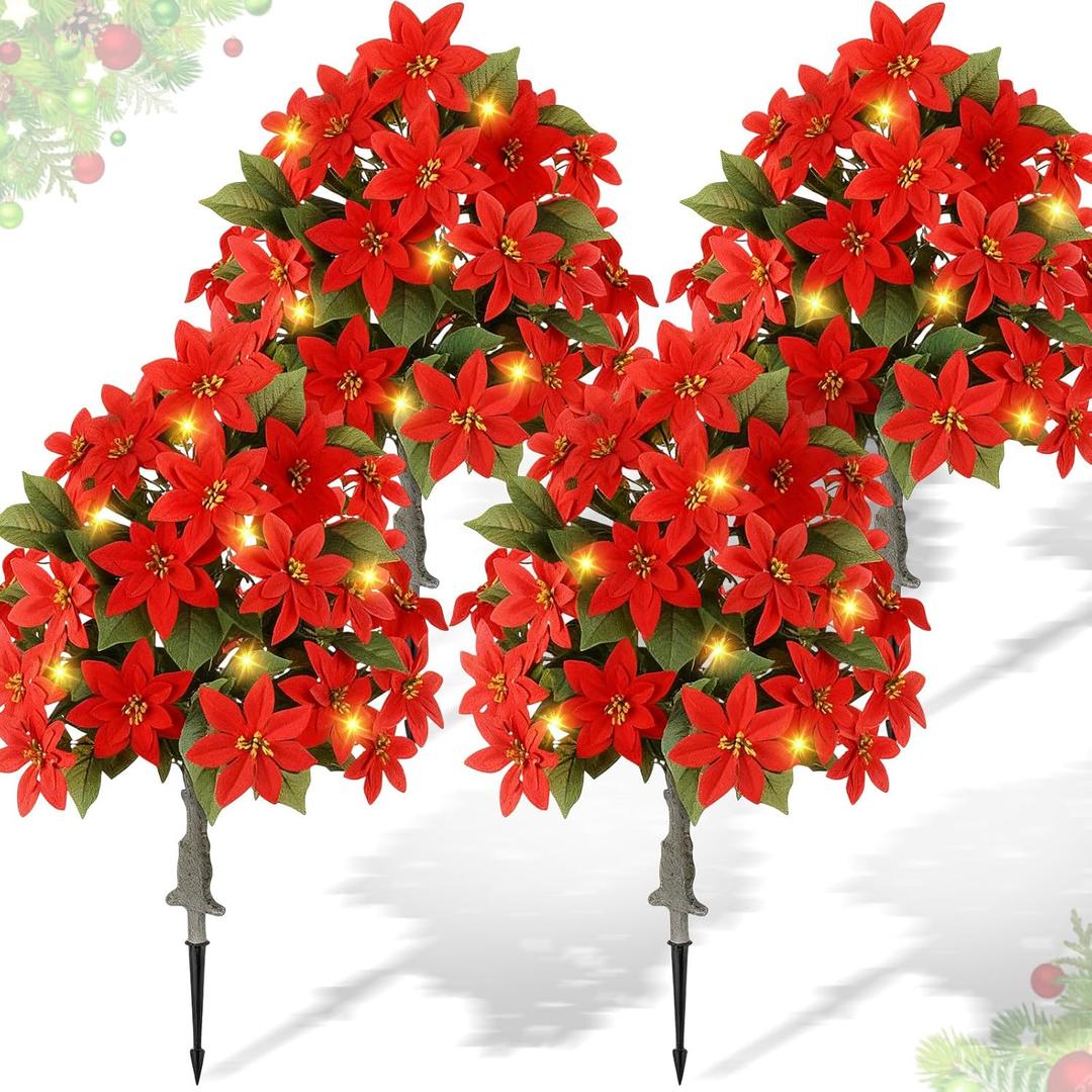 4 Pack 3ft Christmas Artificial Poinsettia Flowers Urn Filler Outdoor Prelit Topiary Trees Large Lighted Poinsettias Faux Poinsettia Trees with LED Lights Stake for Porch Yard (Red)