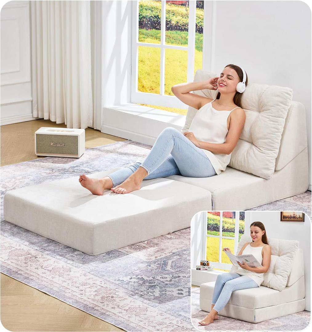 Hobestluk Sofa Couch Folding Sofa Bed Comfy Floor Lounger Convertible Sofa with Removable Cushion Couches for Small Spaces Foldable Mattress for Living Room Bedroom or Office (Chenille Beige, Large)