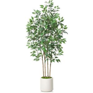 Ficus Artificial Tree 6ft Fake Silk Plant for Home Decor Indoor, Faux Floor Tree in White Imitation Ceramic Planter with Green Fake Moss for Home Office Corner Indoor Decor, Set of 1