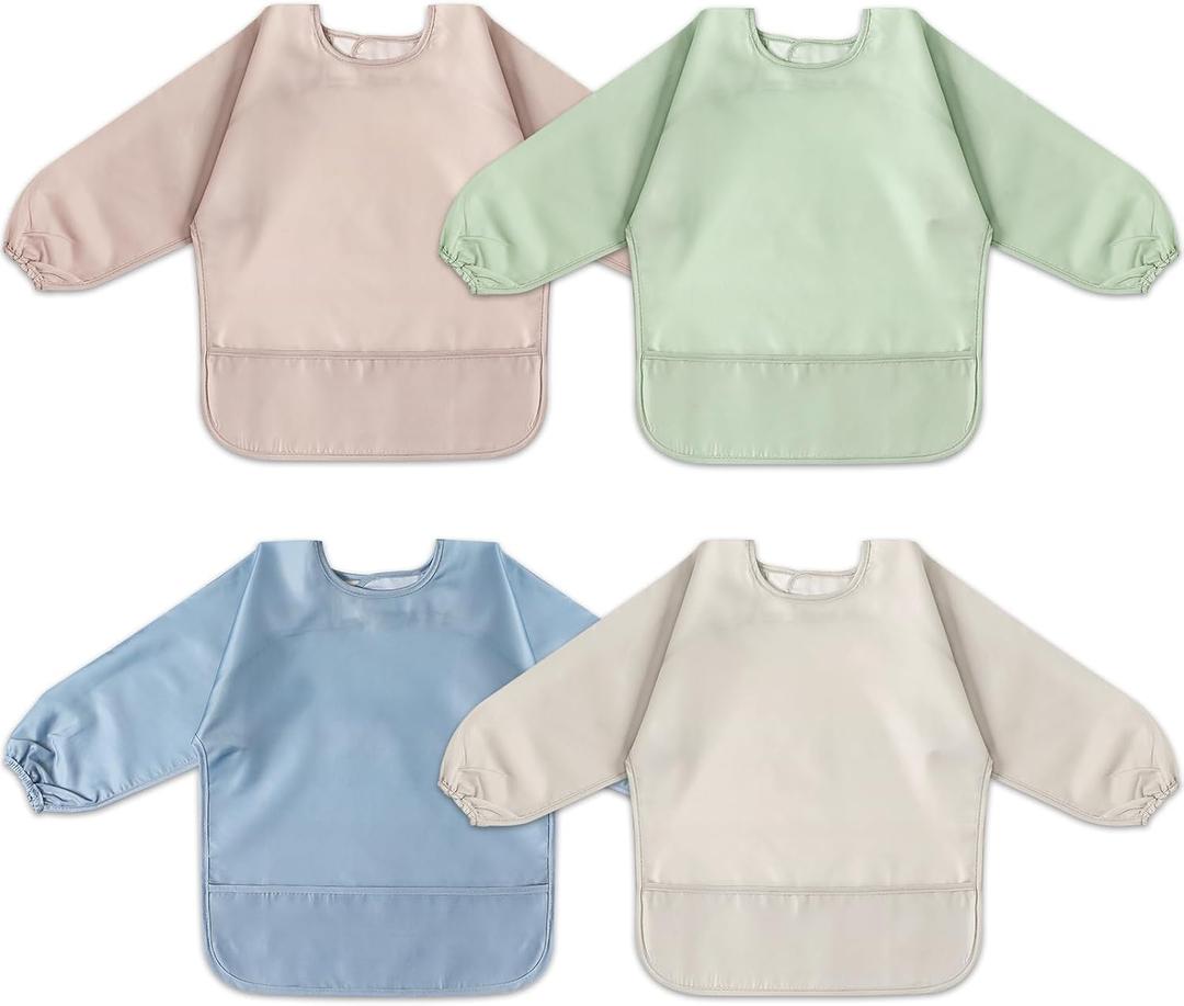 POIKSHARK 4 Pack Long Sleeve Bib, Reusable Bib with Catch-all Pocket, Waterproof Sleeved Smock for 6-30 Months Baby Boy or Girl - Blue