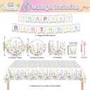 82PCS Spring Floral Party Supplies: Pink & White Floral Dinnerware Set with 16pcs Plates, Napkins, Cups & Forks, 'HAPPY BIRTHDAY' Banner, Tablecloth for Birthday Parties