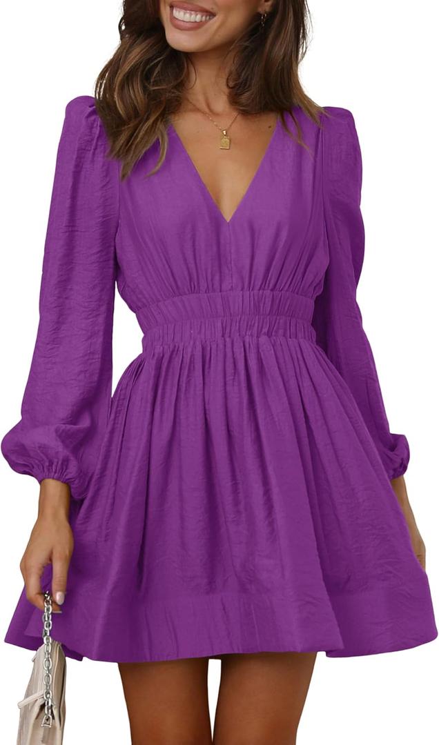 WQ Women Mini Dress Long Sleeve Deep V Sexy Dress A-line Elastic High Waisted Flowy Dress (Purple, Large)