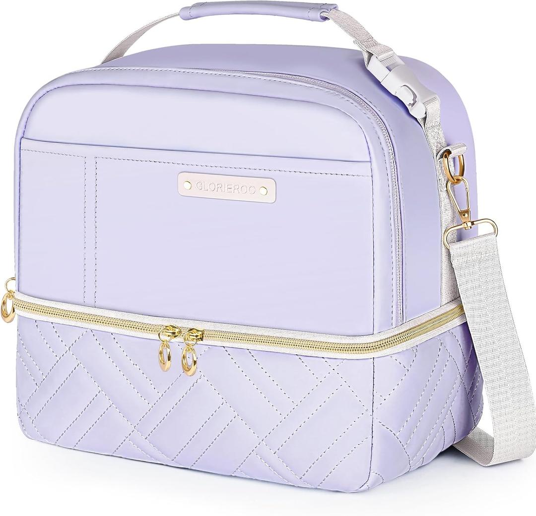 Double Deck Lunch Box Bag Women - Vegan Leather Insulated Waterproof Leakproof Cooler for Work Travel Picnics - Teacher Mothers Day Christmas Birthday Gifts