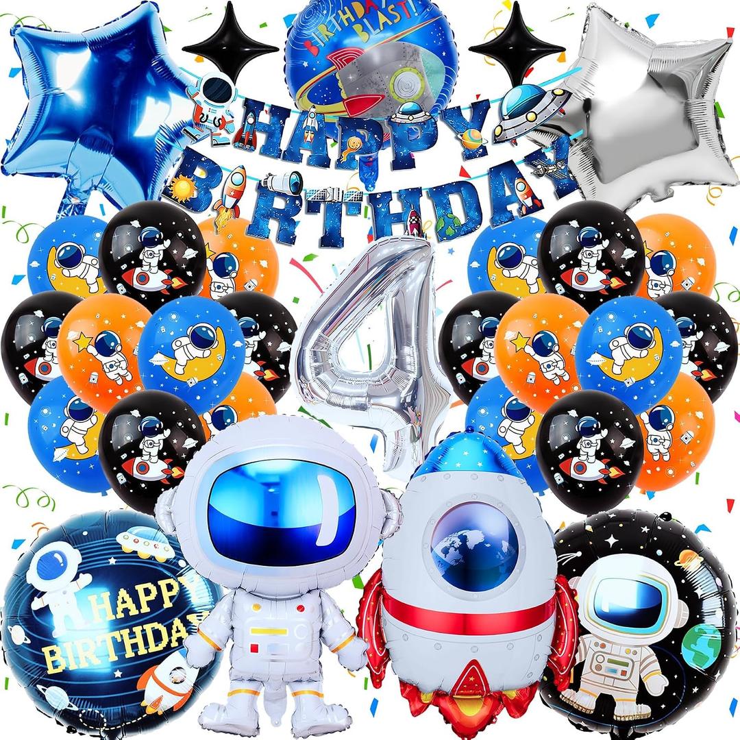 Space Theme Birthday Party Decorations Set, 30 Pieces with Astronaut Balloons, Rocket Ship, Banner, Star Foil Balloons (4 year old)