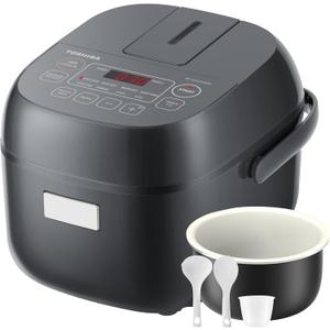 TOSHIBA Rice Cooker Small 3-Cup Uncooked LCD Display with 8 Cooking Functions: Rice, Oatmeal, Mixed Grains and More, NonStick Inner Pot, Grey