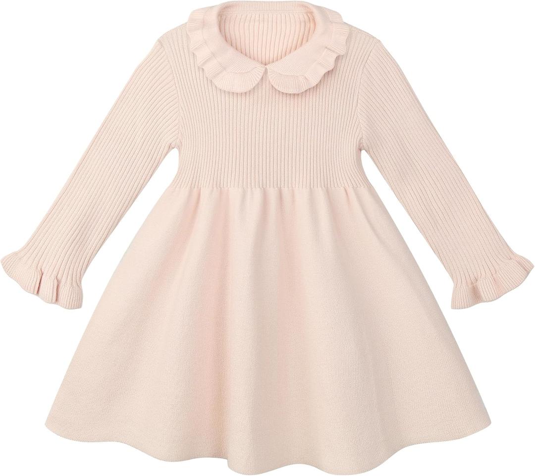 Toddler Baby Girls' Long Sleeve Dresses Ruffle Ribbed Knit Sweater Dress Fall Winter Clothes Outfits 6M-5T (18-24 Months, Pink Apricot)
