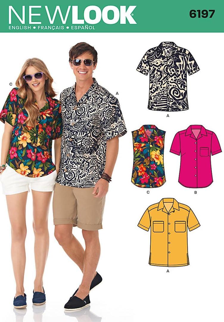 Simplicity U06197A New Look Easy to Sew Misses' and Men's Button-Up Shirt Sewing Patterns Kit, Code 6197, Sizes XS-XL