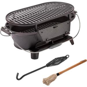 LOLE Portable Grill- Cast Iron Charcoal BBQ - Complete with Barbeque Basting Brush and Water - Resistant Nylon Cover