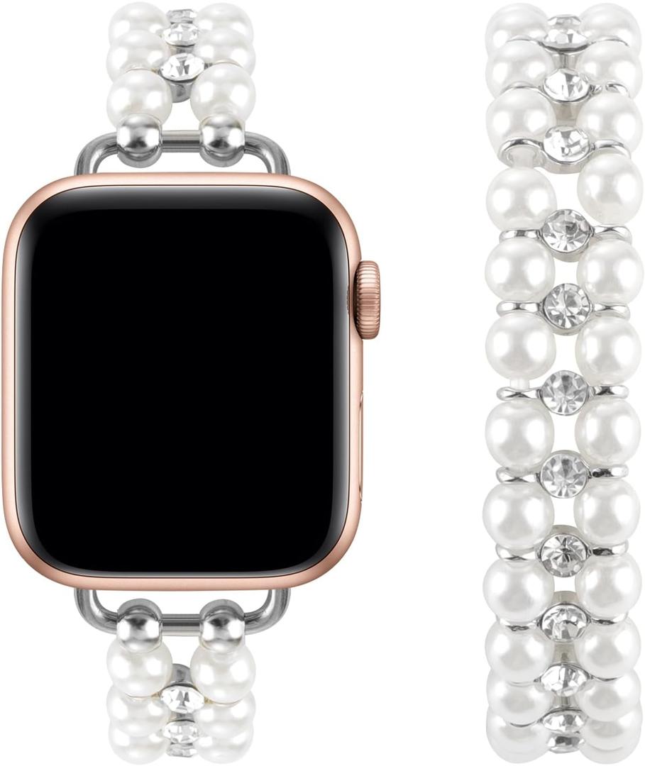 Elastic Pearl Beaded Band Compatible with Apple Watch 38mm 40mm 41mm, Woman Sparkling Bling Diamond Chain Solo Loop Stretch Bracelet Strap Replacement for iWatch Series 9 8 7 6 5 4 3 2 SE (White Silver)