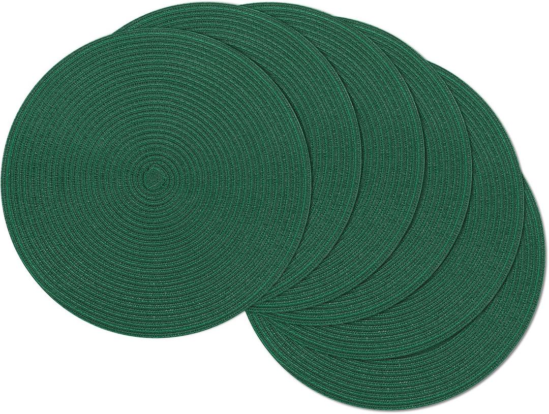 SHACOS Dark Green Round Placemats Set of 6 Cotton Polyester Braided 15 inch Washable Kitchen Dining Table Place Mats Christmas Table Mats for Home Wedding Party Decor