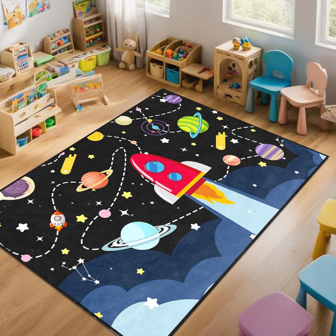 Space Rug - Space Rug for Boys Room Cartoon Solar System Carpet Educational Learning Carpet for Playroom Planet Themed Mat for Bedroom Decor,4.5x6 Feet