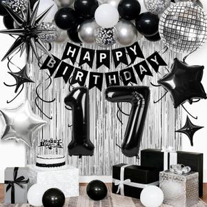 17th Birthday Decorations for Boys Girls, Black Silver Happy Birthday Party Decorations 17 Year Old Party Supplies with Number 17 Balloons, Banner, Fringe Curtains Kit