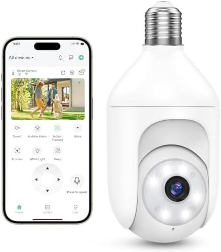 Akasumer Light Bulb Security Cameras Wireless Outdoor Indoor, 2.4GHz WiFi Lightbulb Cameras for Home, 360°PTZ, 2K Color Night Vision, Motion Detection, 2-Way Audio, Spotlight Audible Alarm