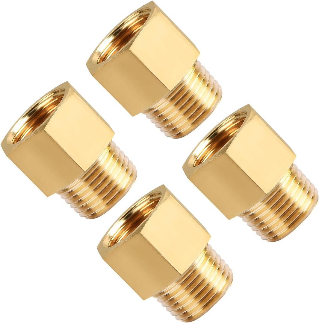 SUNGATOR 4-Pack 1/2 Inch Male x 1/2'' Female Brass Pipe Fitting Adapters, 1/2'' NPT Male to Female Adapters, 1/2'' Brass Pipe Extension Fittings for Shower Head
