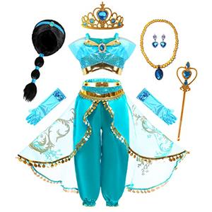 Mecamelon Arabian Princess Fancy Costume for Girls Halloween Dress Up (Wig Blue Set, 6 Years)