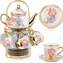 Zhehao 20 Pcs Porcelain Tea Set with Metal Holder and Spoon Adult Ceramic Tea Set European Flower Painting Teapot Cup Saucer Spoon for Women, Large Version(Romantic Style)