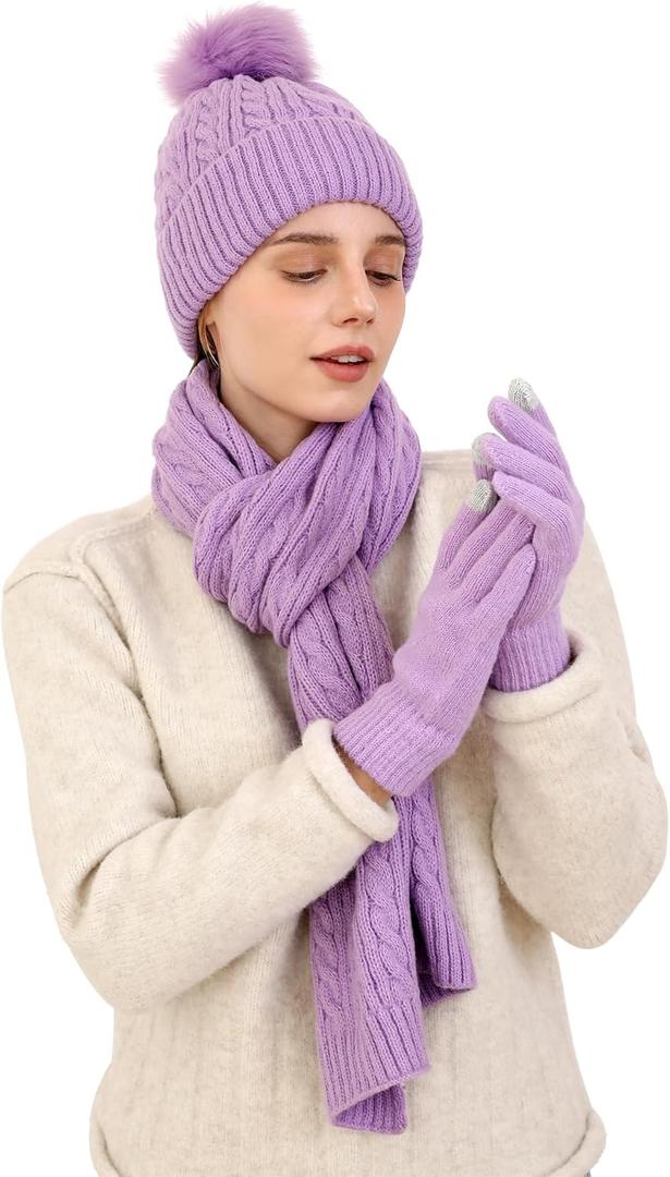 Double Couple 3pcs Winter Women scarf and hat and Touch Screen Gloves Set for Women Knit Hat with Faux Fur Ball Scarves Glove (Purple)