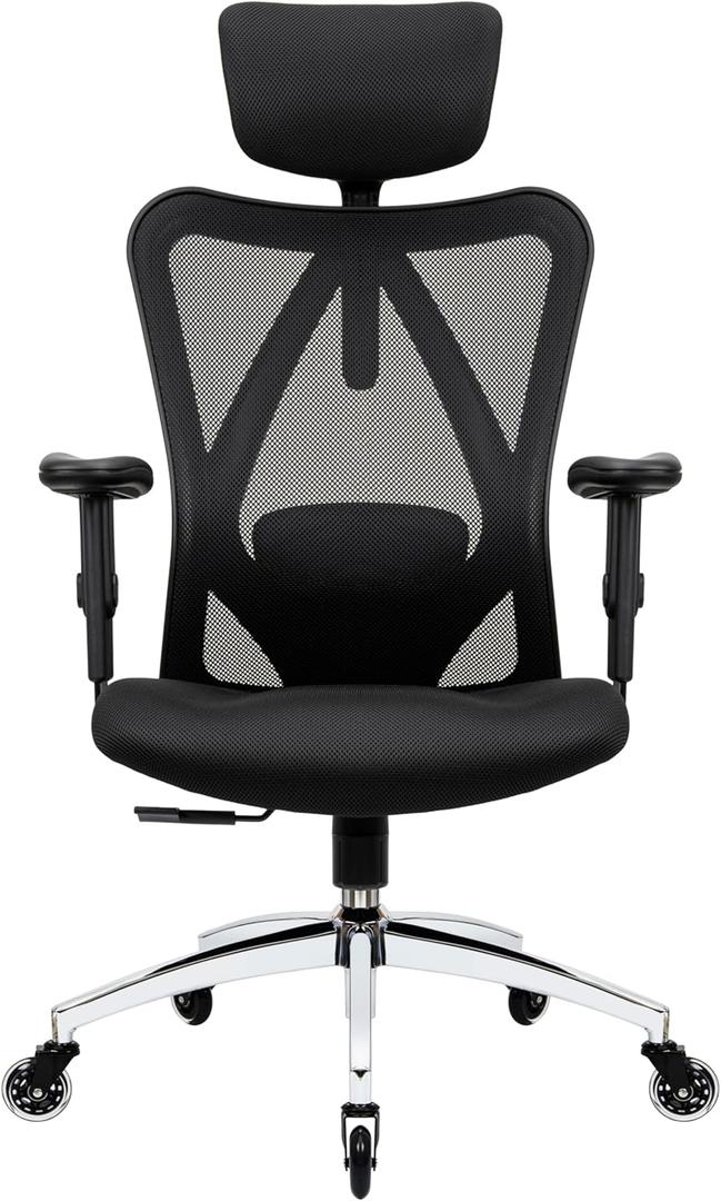 Ergonomic Office Chair - Adjustable Desk Chair with Lumbar Support and Rollerblade Wheels - High Back Chairs with Breathable Mesh - Thick Seat Cushion, Head, and Arm Rests - Reclines (Black)