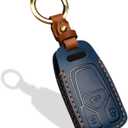 OLLEN Screws-Free Genuine Leather Key Fob Cover, Fit for Audi A3 A4 A6 Q5 Q7 SQ5 S5 TT R8,etc, Leather Smart Remote Key Protector, 3 Buttons, A Style, Blue