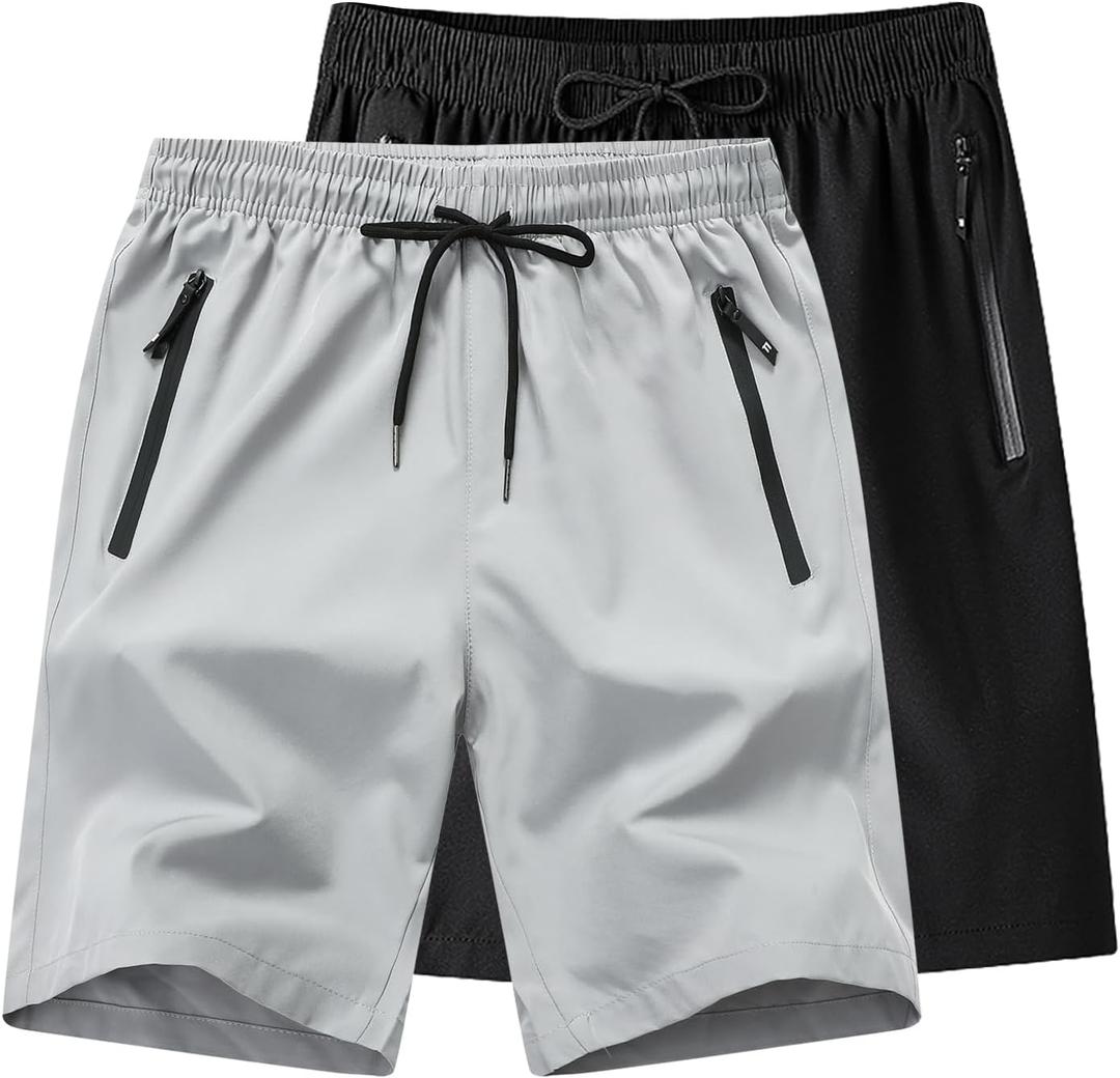2 x Boys Running Shorts Quick Dry Lightweight Athletic Shorts with Zipper Pockets for Workout Gym Training Outdoor, Size 10