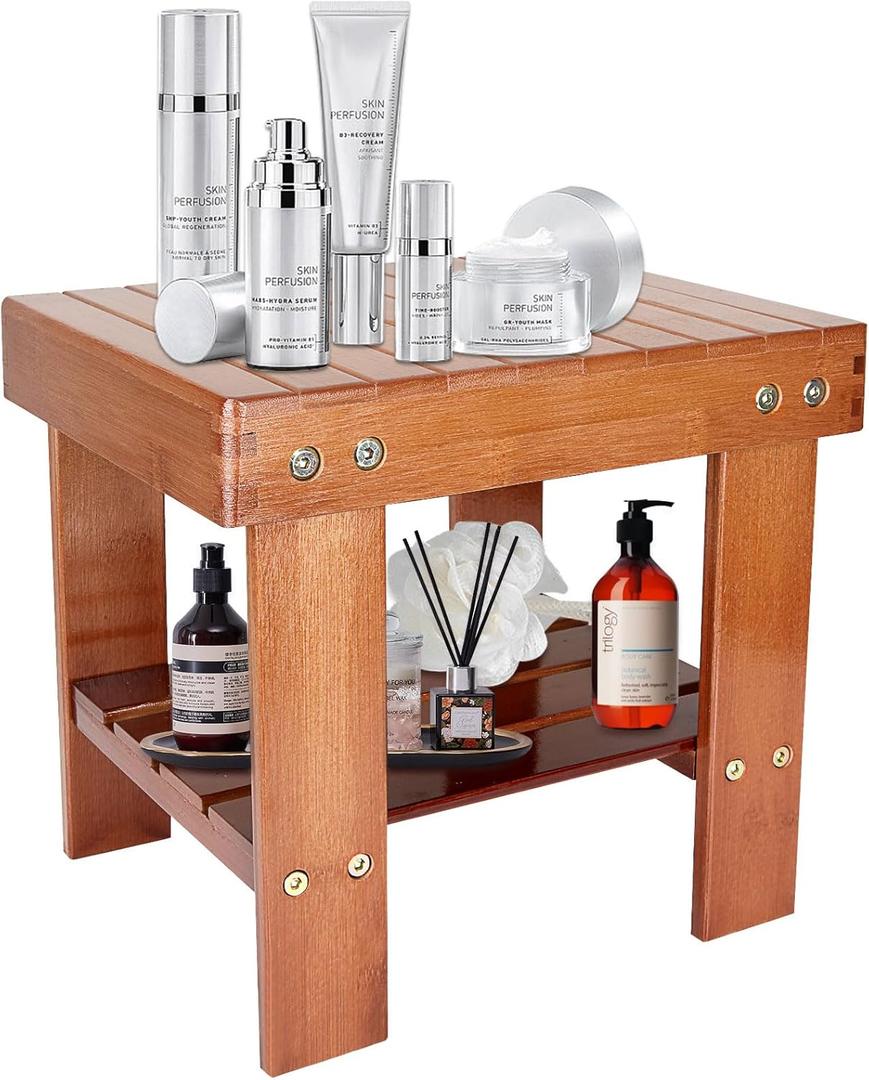Bamboo Shower Bench Spa Stool 14 Inch Waterproof Shower Benches for Inside Shower with Storage Shelf, Small Wooden Seat Stool for Kids, Bathroom, Bedroom Kitchen Mudroom Foyer Entryway Shoe Bench