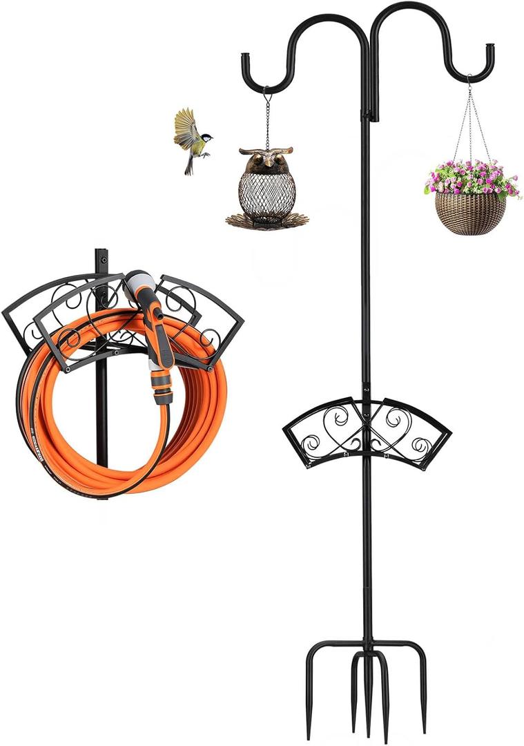 Double Shepherds Hooks for Outdoor, Upgraded Heavy Duty Bird Feeder Pole, Freestanding Hose Stand Adjustable Water Hose Holder with 5 Prongs Base, Thickened Garden Hooks for Outside Yard Lawn Double Shepherds Hooks for Outdoor, Upgraded Heavy Duty Bird Feeder Pole, Freestanding Hose Stand Adjustable Water Hose Holder with 5 Prongs Base, Thickened Garden Hooks for Outside Yard Lawn