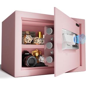 1.3 Cub Biometric Safe Box with Fireproof Bag, Quick-Access Fingerprint Safe with Keys, Digital Keyboard, Type-C Port, Dual Alarm System Safety Box for Home, Office, Hotel Use(Pink)