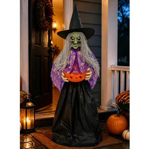 Halloween Witch Animatronic with Candy Bowl, Moving Head & Mouth, Sound