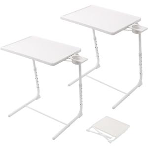 Adjustable TV Tray Table on Bed Sofa, Foldable Portable Bedside Dinner Table with Cup Holder, Adjust 6 Height & 3 Tilt Angle (White - 2 pcs)