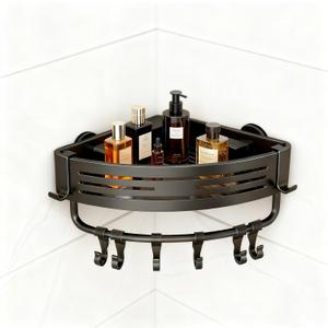 Rustproof Aluminum Corner Shower Caddy, Press-to-Install Triangle Shelf with Hooks, Suction Bathroom Shower Organizer & Shampoo Holder for Inside - Must-Have Bathroom Storage Rack