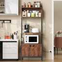 5-Tier Coffee Bar Station with Led Lights, Kitchen Storage Shelf with Cabinet, Bakers Rack with Power Outlet, Microwave Stand with 4 S-Shaped Hooks, Bakers Racks for Kitchens Rustic Brown