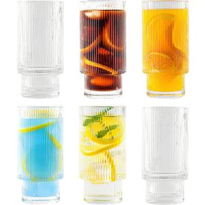 Ribbed Glassware Vintage Drinking Glasses with Straws Set of 6,Clear Fluted Ripple Glass Cups 12oz,Ribbed Iced Coffee Cups for Cocktail, Whiskey, Beer, Juice, Water