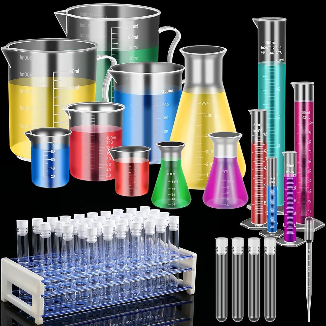 Baderke 40 Pcs Plastic Test Tubes with Rack 5 Graduated Cylinder 6 Beakers 3 Erlenmeyer Flask 10 Plastic Transfer Pipette for Lab Party DIY