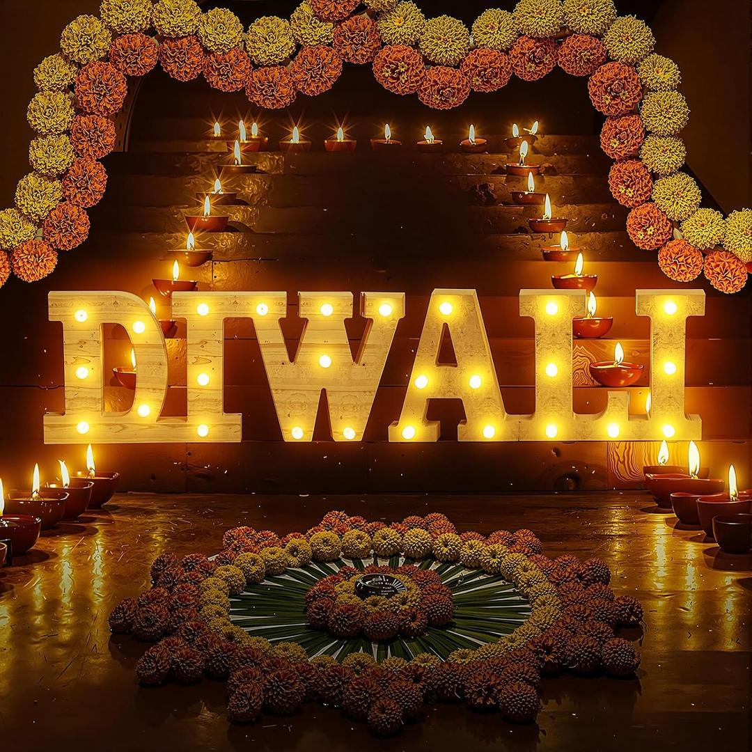 Ganeen 2 Pcs Wooden Diwali Light up Letters 6.3 Inch LED Long Marquee Light up Letters Diwali Decor Mandir Decoration for Indian Hindu Pooja Room Puja Party Festival Gifts