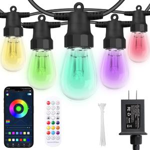Outdoor String Lights 50FT, Outdoor Lights for Patio with 20 Dimmable RGBW LED Bulbs, IP66 Waterproof Shatterproof, with APP Control & Remote, 24V Adapter Color Change,for Backyard Decor (RGBW 50FT)