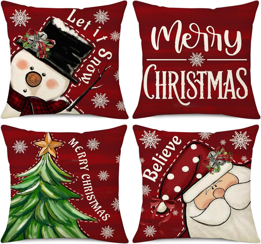 NIGHTWISH Christmas Pillow Covers 18x18 Set of 4 Red Christmas Decorations Let It Snow Snowman Believe Santa Claus Throw Pillow Covers Xmas Tree Winter Holiday Cushion Case for Sofa Couch