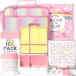 Fimibuke Kids Bento Snack Lunch Box with 4 Compartment, Insulated lunch Bag, Stainless Steel Vacuum Thermos Food Jar, Ice Pack, Utensils Set, Birthday Gift for Age 3-12 Back to School Toddler Girl Boy (A1.Rainbow)