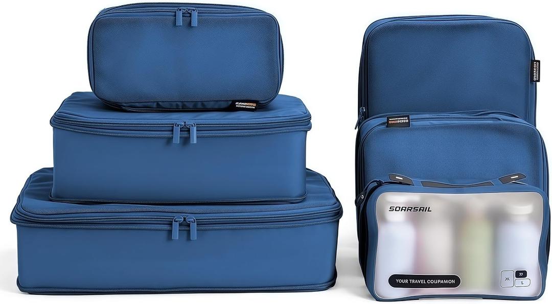6 Set Compression Packing Cubes for 7–14 Day Travel, Dark Blue