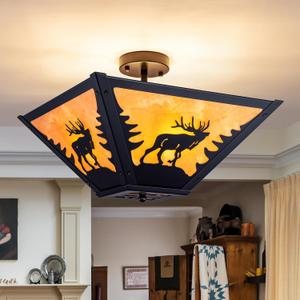 TOCHIC Rustic Semi Flush Mount Ceiling Light, 16.9" W Farmhouse Dining Room Light Fixture with Deer Forest Design, 4 Lights Western Black Chandeliers for Bedroom Foyer Entryway Kitchen Hallway