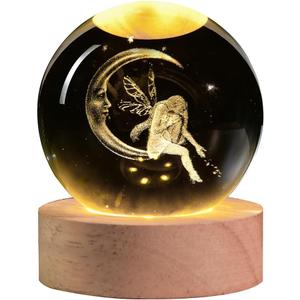 3D Fairy Crystal Ball with LED Stand, Fairies Figurines Lamp Night Light, Fairy Moon Decor Glass Sphere Balls Gifts for Women Girls Mom Kids(60mm)