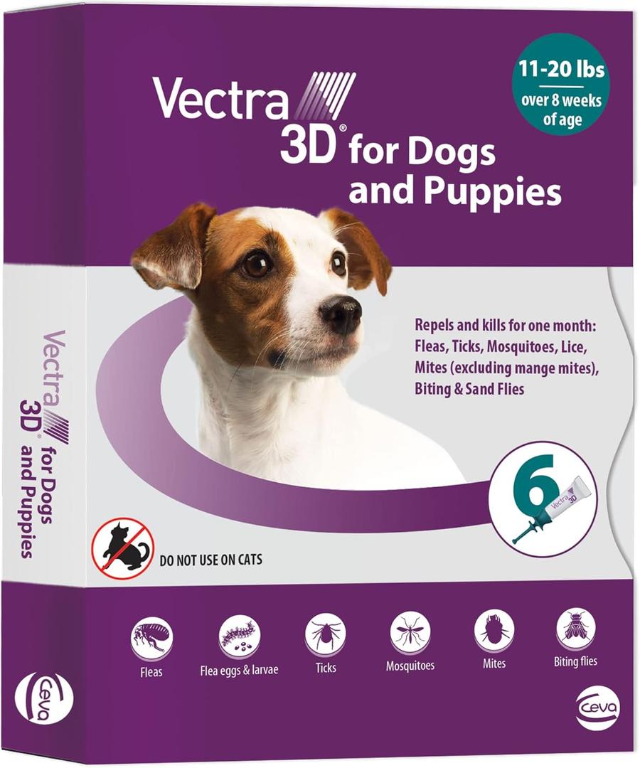 Vectra 3D for Dogs Flea, Tick & Mosquito Treatment & Prevention for Small Dogs (11  20 lbs) , 6 month supply