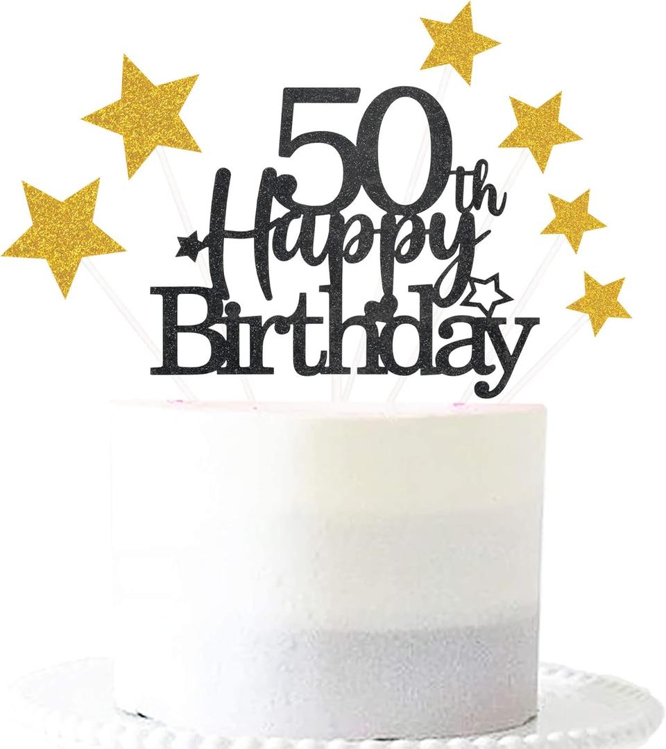 3 x Glittery 50th Happy Birthday Cake Topper with Star,Personalised 50 Birthday Cake Toppers Party Decorations Party Supplies for Men Women Black Gold