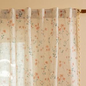MYSKY HOME Boho Linen Floral Curtains 63 inch Long for Girls Bedroom Vintage Farmhouse Pink Printed Semi Sheer Light Filtering Back Tab Rod Pocket Drapes with Tassels, Each Panel 50" W, 2 Pcs, Pink
