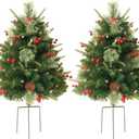 Amaoasis 2 Pack 24 Inch Pre-Lit Christmas Trees Outdoor, Artificial 70 LED Lights, Red Berries, Pine Cones, Battery Operated, Entrances Decor