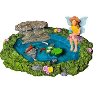 Mood Lab Fairy Garden - Miniature Fish Pond & Fairy Figurine Kit - 2 pcs Set of Garden Accessories - Outdoor or House Decor