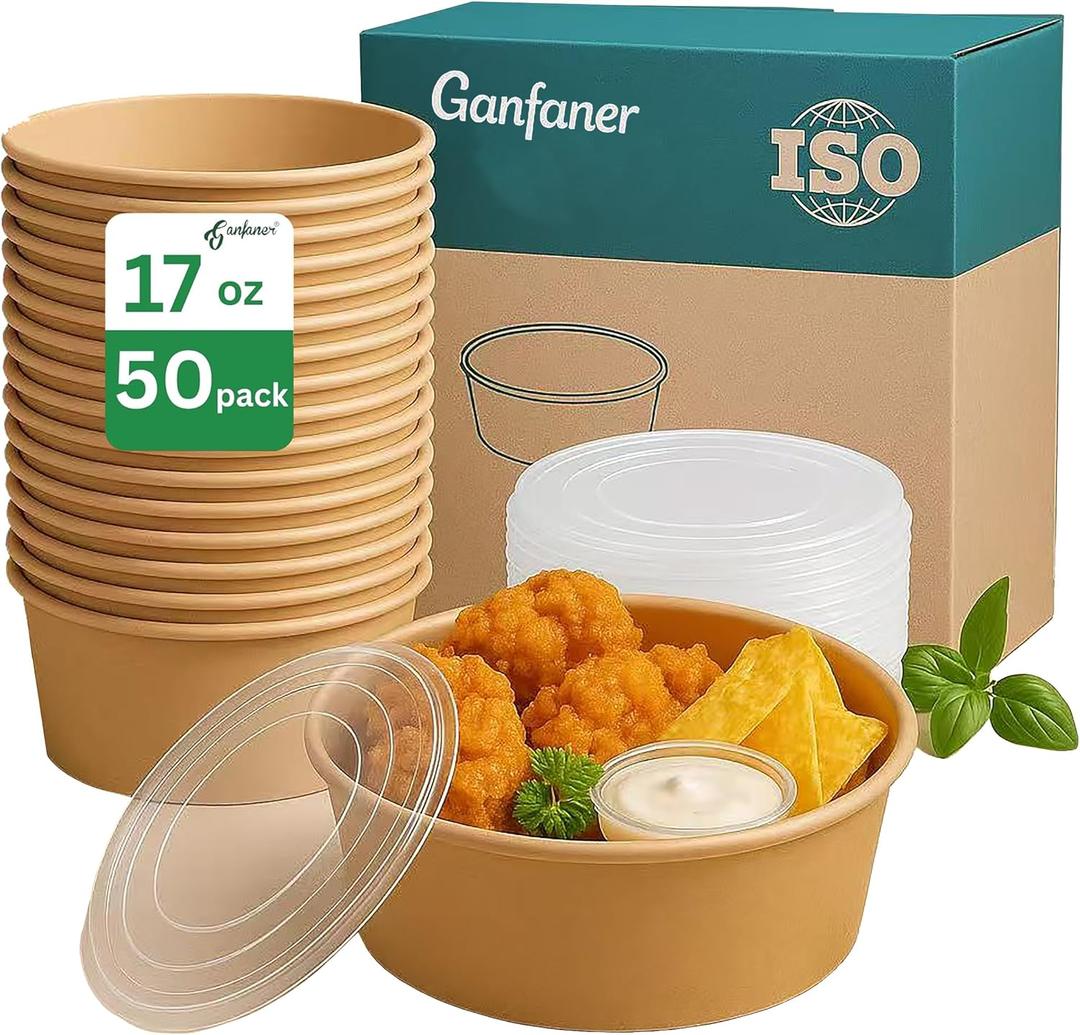 17oz Disposable Round Paper Bowls with Lid, 50 Sets Deli Containers Box Spillproof Acai Bowls, To Go Salad Bowl for Lunch Meal, Paper Meal Prep Box for Soup Toppings Snack Camp Family