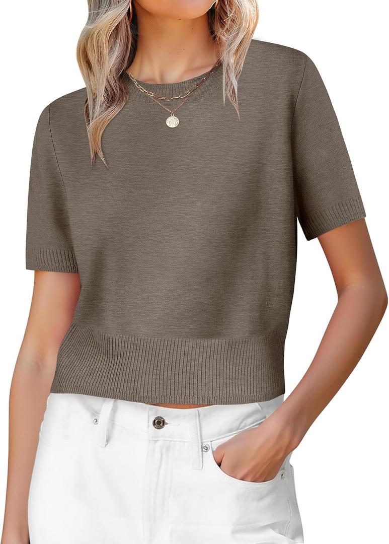 ANRABESS Womens Short Sleeve Sweaters Cropped Crew Neck Business Casual Lightweight Sweater Tops 2026 Spring Summer Outfits (Brown, L)