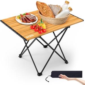 Portable Camping Table, Compact Camping Side Table with Carrying Bag, Ultralight Aluminum Beach Table Folding for Hiking, Camping, Picnicking, BBQ, Outdoor Cooking (Wood Medium 22")
