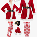 5 Pcs Mrs Claus Costume Adult Women, Santa Christmas Outfits for Women Velvet Dress with Belt High Socks Hat Gloves, XL