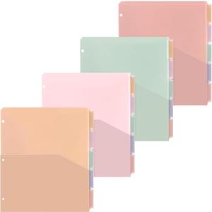 Janlaugh 4 Sets 5 Tab Plastic Binder Dividers, Plastic Index with Pocket for 3 Ring Binder, Colorful Letter Size Sheet Protector for Back to School Office Business Organization Supplies(Vibrant Color)